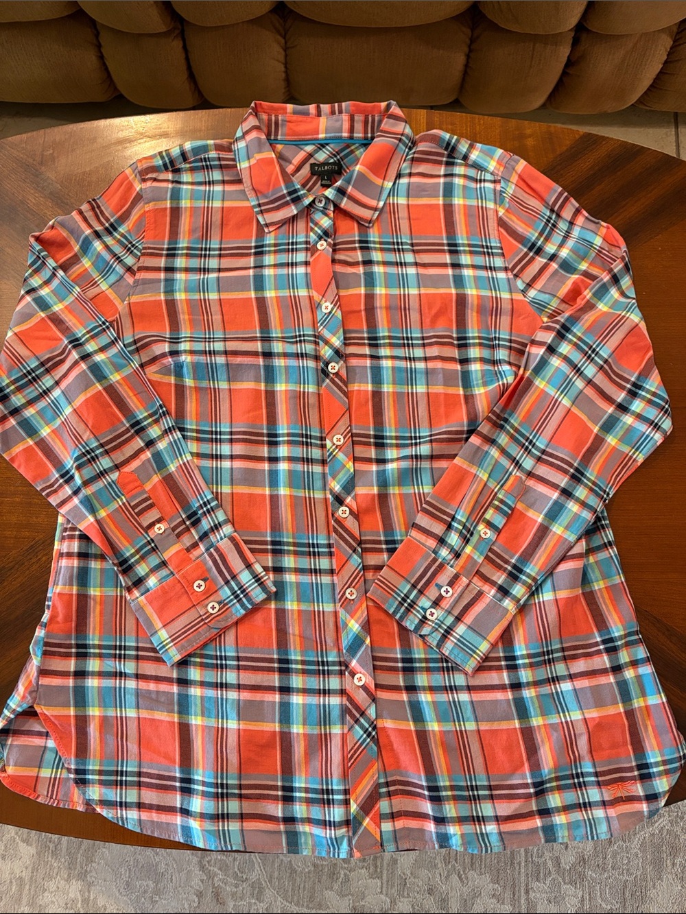 Talbots Women’s Lightweight Orange and Blue Plaid Front Button Shirt